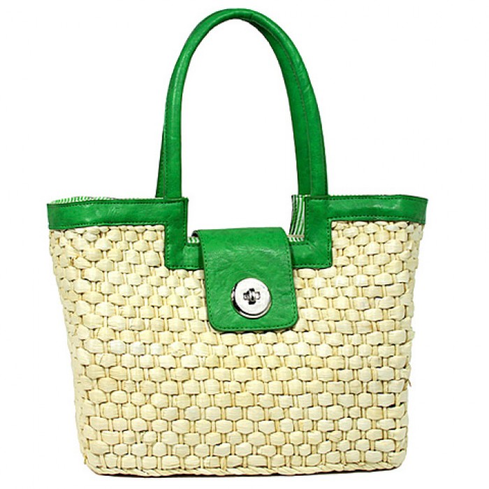 Straw Satchel: Corn Husk w/ Leather-like Trim & Handles - Green -BG-B10015A-GN